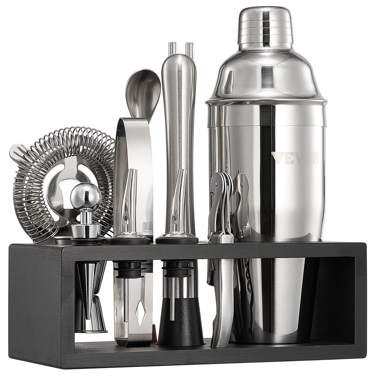 Cocktail Shaker Set 13-Piece Stainless Steel Bar Tools with Wicker Stand for Home Bar